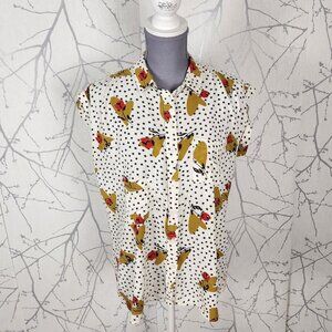 Velvet Heart White Stars Floral Print Button Front Cap Sleeve Blouse